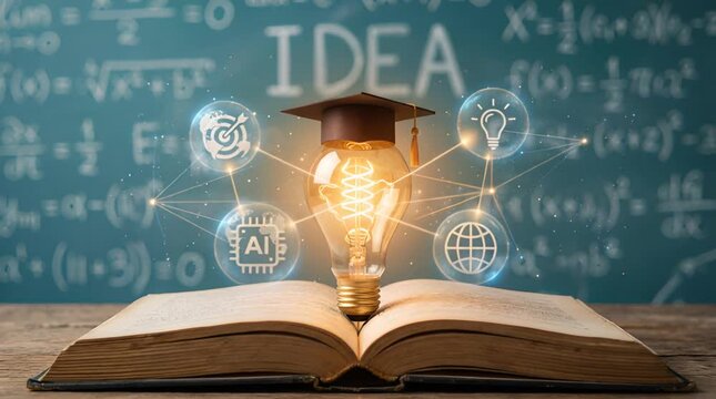 Glowing Lightbulb with Graduation Cap on Open Book Against Green Chalkboard with Mathematical Equations and Idea Inscription with Connected Digital Icons