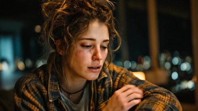 The woman stares blankly downward with a vacant, unfocused gaze.