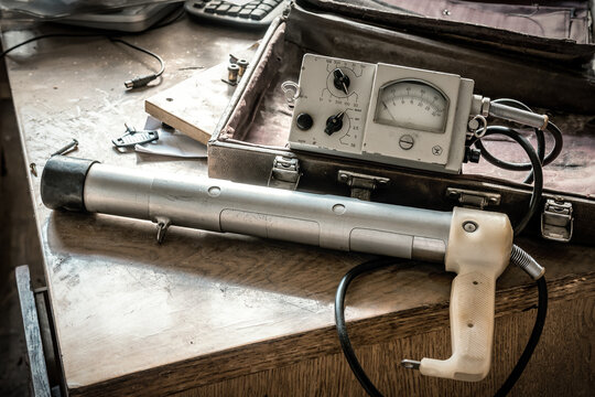 Old radiation measurement with radiation survey meter. Geiger counter.