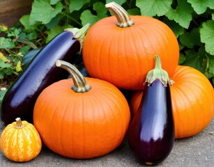 Obraz premium Orange pumpkins and purple eggplants arranged together on a stone surface with green leaves in the background showcasing a vibrant autumn harvest display