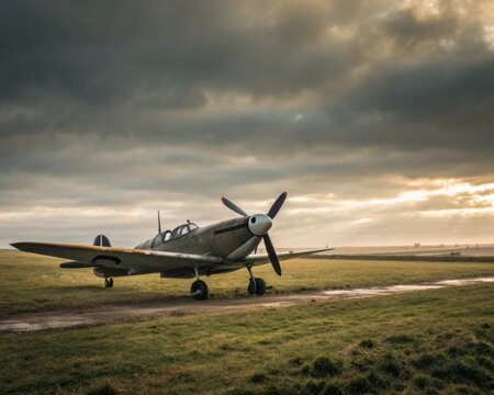 Iconic Spitfire propeller aircraft parked on grassy airfield during dramatic golden hour sky