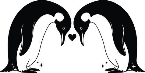 Two penguin silhouettes facing each other with heart symbol, romantic winter bird vector art, arctic animal icon isolated on white, © Lija