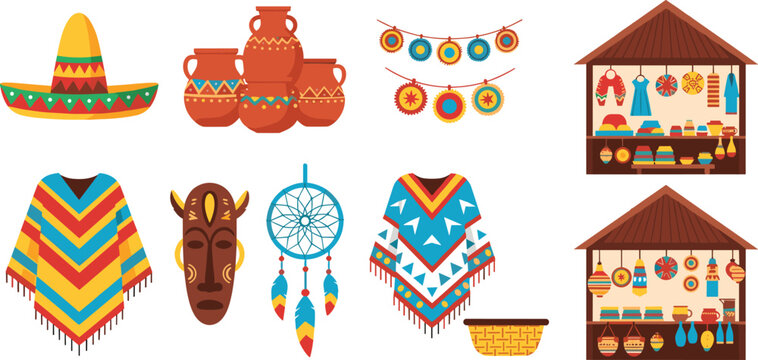 Mexican traditional culture icons vector set including sombrero pottery poncho dreamcatcher tribal mask festive garlands and artisan market stalls