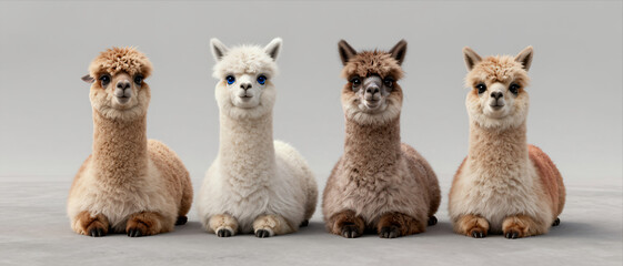 Obraz premium Four Adorable Alpacas Sitting in a Row on Gray Floor Looking at Viewer with Expressive Eyes Realistic Animal Portrait Studio Photography