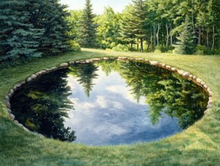 Fototapeta premium Tranquil Pond Reflecting Green Trees and Blue Sky in a Lush Garden