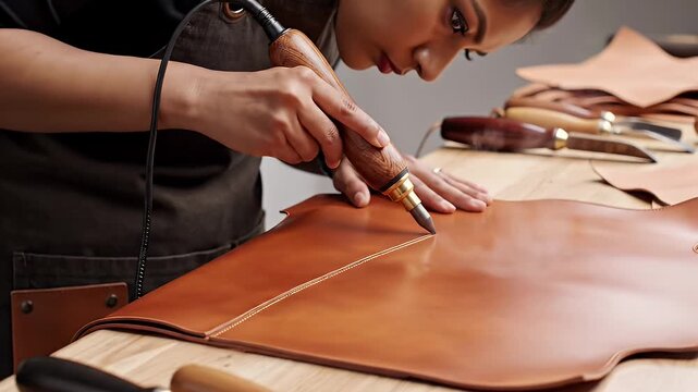 Leather craftsperson meticulously working on a leather piece with a tool.