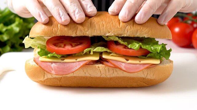 Fresh deli sandwich creation gloved hands meticulously arrange savory ham, cheese, crisp lettuce, and ripe tomatoes, preparing a wholesome and delicious meal