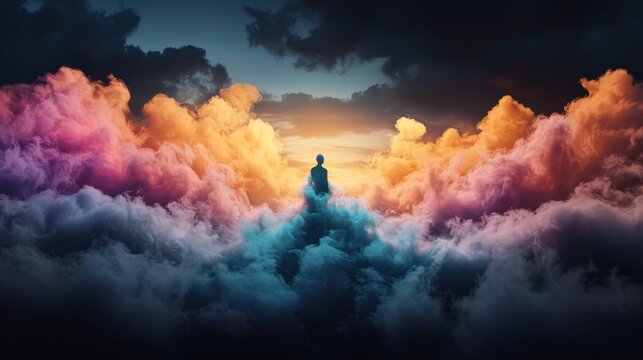Silhouette of a person sitting amidst vibrant, swirling clouds of pink, orange, and blue, with a glowing horizon.