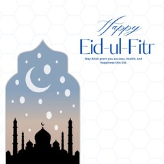 A stylized graphic illustration celebrates the holiday of Eid-ul-Fitr with a mosque silhouette and crescent moon. Eid Ul Fitr Social Media Post