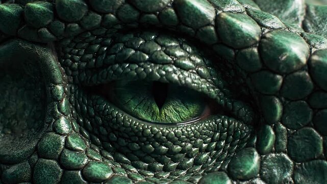 Close-up of a magnificent green reptilian eye, its textured scales revealing an ancient and mysterious gaze, embodying the power and watchful presence of a formidable creature