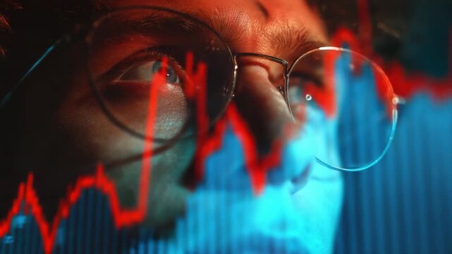 Stock Market Analyst's Focus: A close-up view of a focused analyst, his gaze intense as he studies the fluctuating financial data.