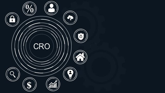 CRO acronym in center of hexagonal diagram with business icons on dark blue digital dot background, background.4k Animation.