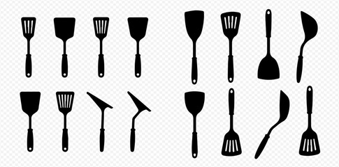 Collection of various kitchen spatulas and cooking utensils in black silhouette design. © Akun