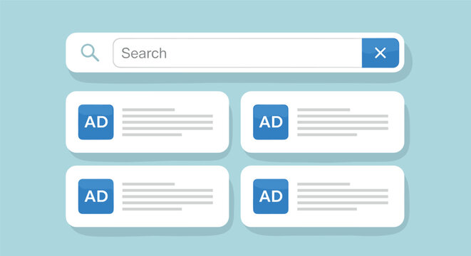 Online search advertising interface with sponsored results ad listings and search bar digital marketing concept flat vector illustration