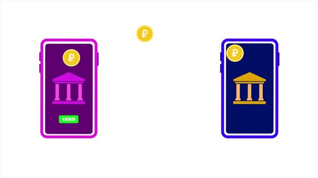 Digital payment transfer from bank to bank animation on white background, Peso transfer bank to bank, pesos Currncy moving from one bank to another bank with successful message