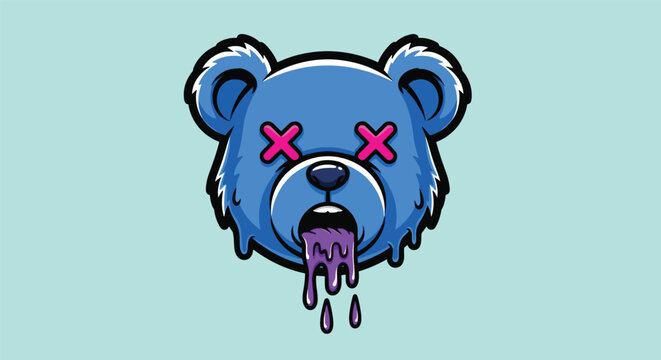 Blue Teddy Bear Head with X Eyes and Dripping Mouth.