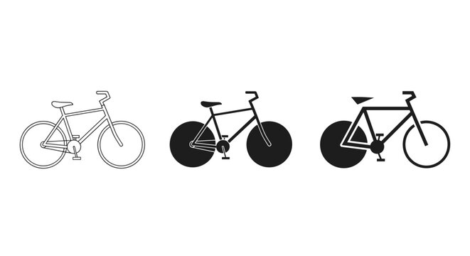 Three different styles of bicycle icons: outline, solid fill, and minimalist silhouette