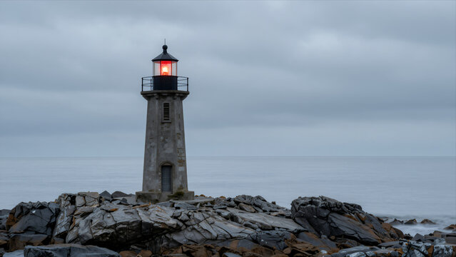 Serene Lighthouse Standing on Rocky Coast at Dusk with Glowing Red Beacon Against Overcast Sky and Calm Sea