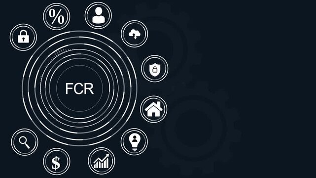 FCR concept infographic with icons and dot on dark blue First Contact Resolution customer service, abstract circles and gears background.4k Animation.