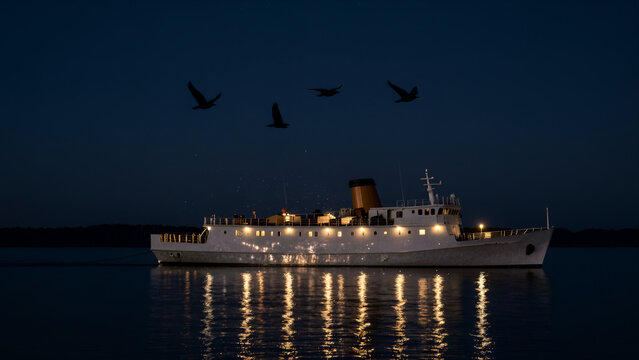 Serene Night Scene of a Classic Passenger Ship Illuminated by Warm Lights Sailing on Calm Water with Silhouetted Birds Flying Overhead