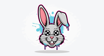 Psychedelic Bunny Head with X Eyes and Dripping Effect.