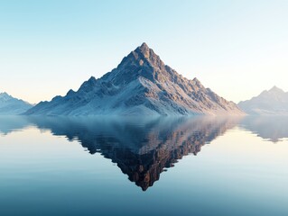 Obraz premium Majestic snow-capped mountain reflected perfectly in calm, serene blue water at sunrise, tranquil landscape