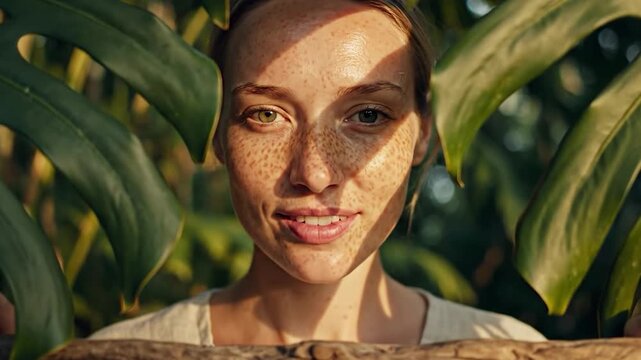 Woman with freckled face framed by green tropical leaves and sunlight