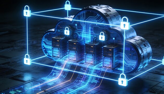Futuristic Cloud Server Security Lock Beams Cloud Cybersecurity Protection Secure Data Storage Infrastructure Remote Backup Encryption Dark Blue