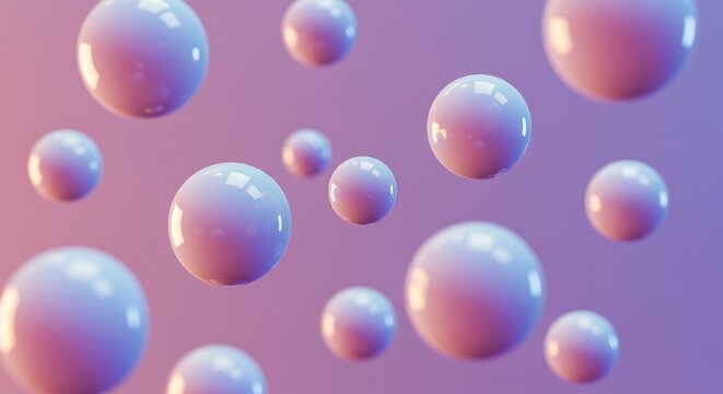 Floating hydraulic spheres are suspended in a purple environment with shiny reflective surfaces and varying sizes.