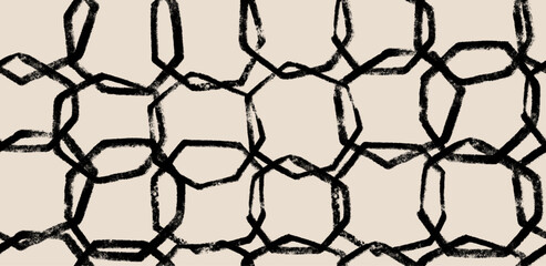 Contemporary black brush stroke line art seamless pattern with abstract geometric shapes, hand drawn texture. Minimal vector background for fabric, wallpaper, wrapping paper, posters, stylish design.