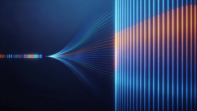 Abstract binary code stream transforming into glowing vertical data lines futuristic digital network background with blue and orange neon lights technology concept art,Premium