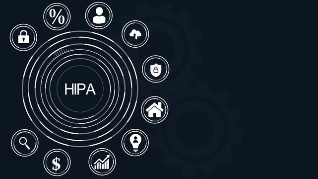HIPA Compliance Concept with dot Network and Business Icons on Dark Background HIPAA healthcare, abstract circles and gears background.4k Animation.