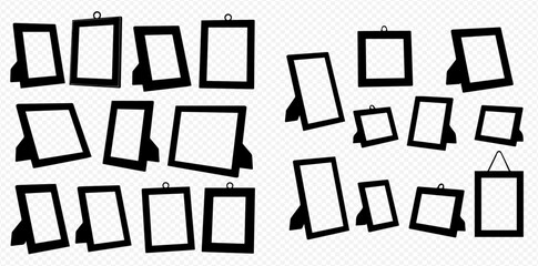 Set of black photo frames with stands, empty picture borders for design, isolated on transparent background. © Akun