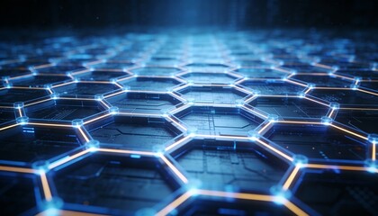 Fototapeta premium Futuristic Interconnected Honeycomb Network Grid Cybersecurity Mesh Architecture Distributed Defense Zero Trust Protection Technology Dark Blue