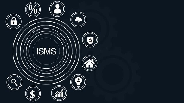 ISMS acronym with business icons and dot on dark blue background ISMS finance a background.4k Animation.