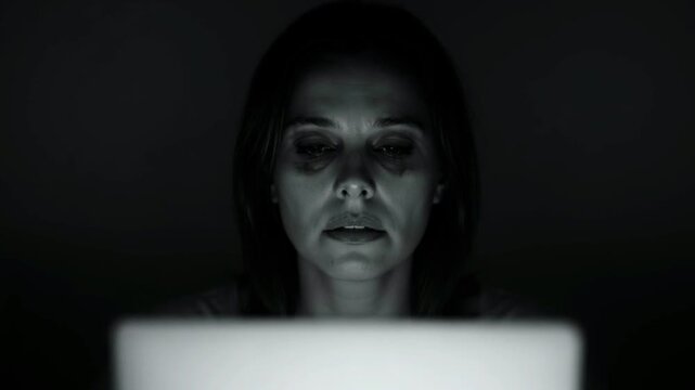 Close up of a tired woman with dark circles under her eyes, staring at a laptop in a dark room for digital fatigue and mental health concept