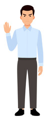 Fototapeta premium Angry businessman showing stop gesture standing in cartoon flat design style