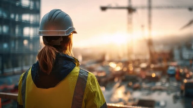 Visionary on Site: A construction worker, surveying a cityscape under the warm glow of the morning sun. Her gaze focused on the ongoing development, symbolizing dedication and hard work