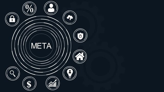 Business concept diagram with META text and interconnected icons on a digital gears background, abstract circles and gears background.4k Animation.