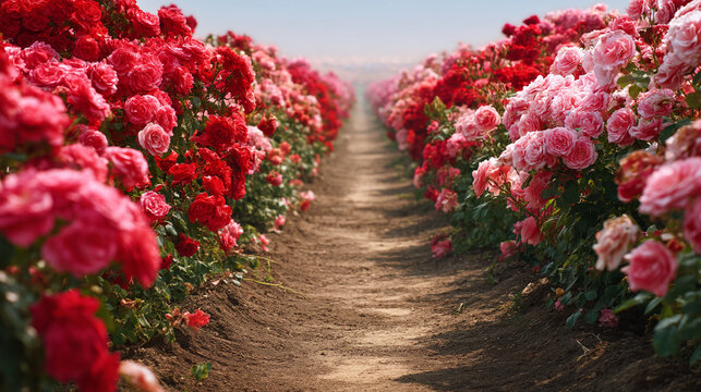 A vibrant rose garden with red and pink blooms lining a pathway