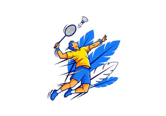 Obraz premium A male badminton player in mid-air jumping to hit a shuttlecock with a racket during a dynamic sports game