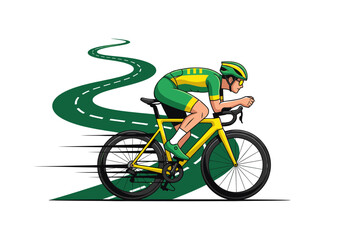 Fototapeta premium Energetic male cyclist speeding on a yellow road bike along a winding green track