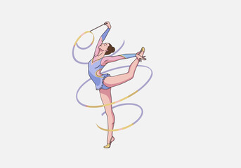 Obraz premium Female rhythmic gymnast performing a graceful routine with a flowing ribbon on a white background