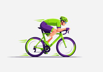 Fototapeta premium Dynamic illustration of a male cyclist riding a road bike fast in green and purple sportswear on a white background