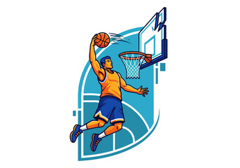 Stylized graphic illustration of a male basketball player performing a dynamic slam dunk © Joan