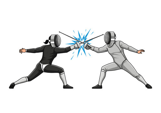 Two fencers in protective gear with foils clashing during a competitive bout