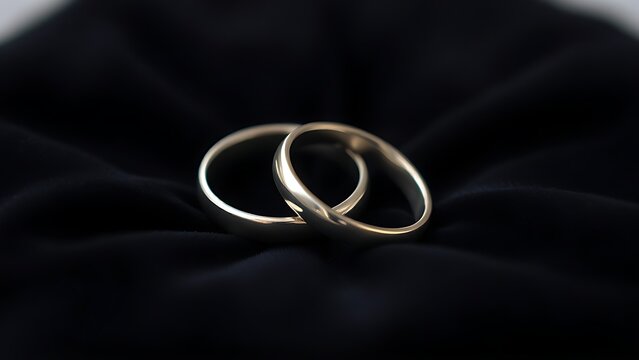 electroluminescence. Two silver wedding bands overlapping on dark velvet fabric. lifestyle magazines, social media lookbooks, designed for lifestyle magazines and social media content.