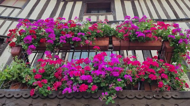 Picturesque wooden balcony of a half timbered house overflowing with vibrant geranium flowers