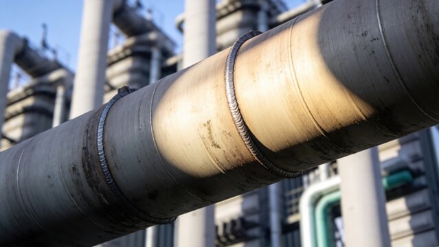 Industrial pipes with welds and insulation in a factory closeup of metal infrastructure engineering and manufacturing concept energy sector equipment heavy industry background