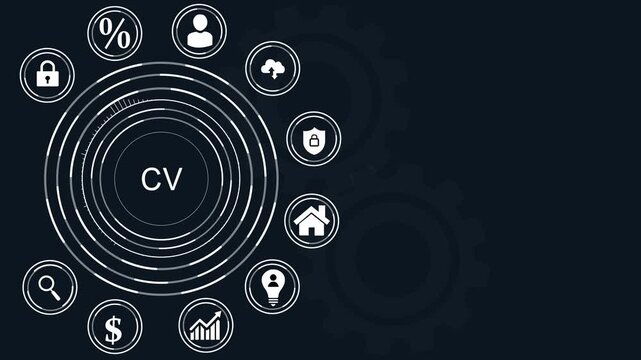 Resume concept CV curriculum vitae infographic with icons and dot for job search career, abstract circles and gears background.4k Animation.